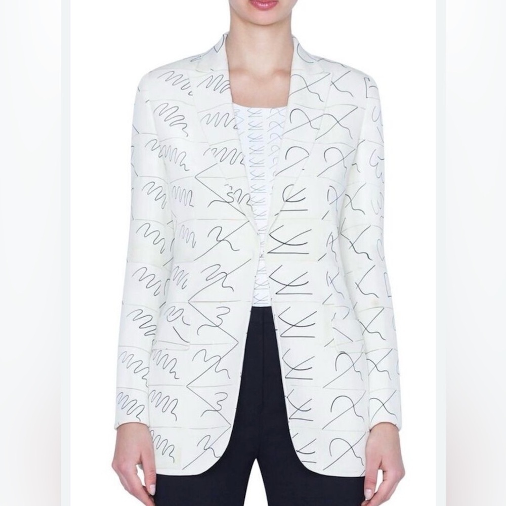 Akris Amarina Leporello Print Silk Blazer Jacket Womens Black and White US 10